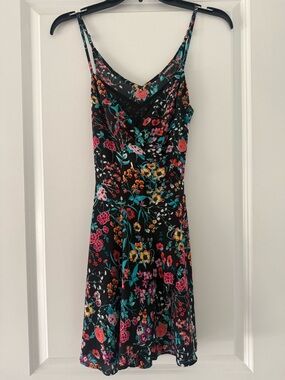 Express Black Floral Slip Romper with Teal, Pink & Yellow Blooms